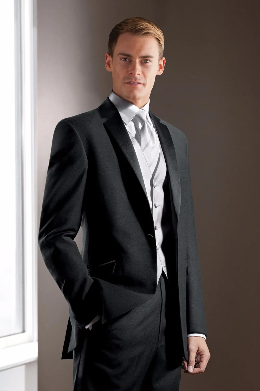Silver Peak lapel vest men dress formal wedding groom groom suit