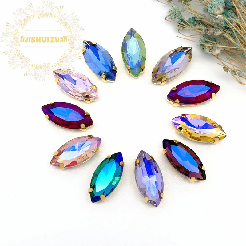 

7*15mm 20PCS Dazzle AB color Horse eye shape Glass Crystal sew on rhinestones with gold claw Diy Clothing accessories