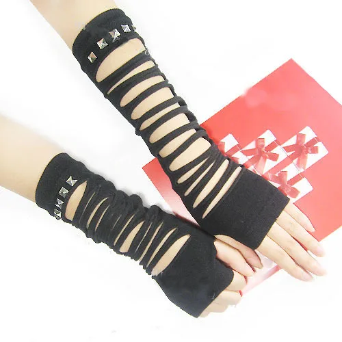

Black Sexy string ribbon gothic punk lady Disco dance costume party lace finger fishnet mesh long gloves free shipping