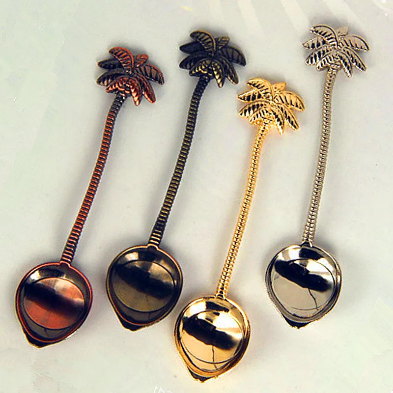 

1 PCS Retro Coffee Spoon Fork Dinnerware Set Sugar Tea Dessert Ice Cream Flatware Spoon Dining Bar Tableware Coconut Tree Design