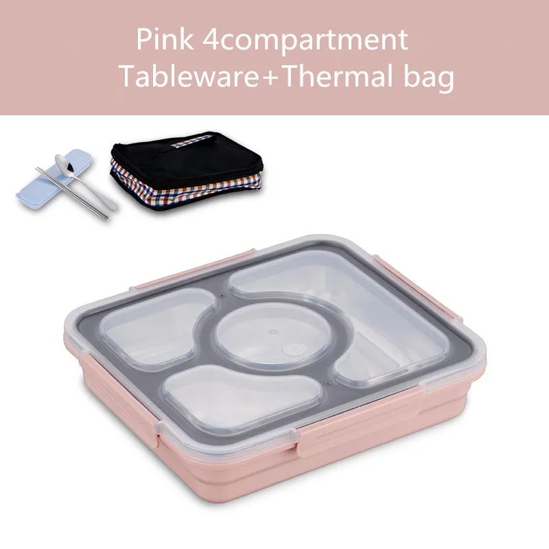 Baispo Leakproof Lunch Box Thermal Bento Box with Tableware Food Container with Compartments For Students Office Worker - Цвет: Pink 4 set