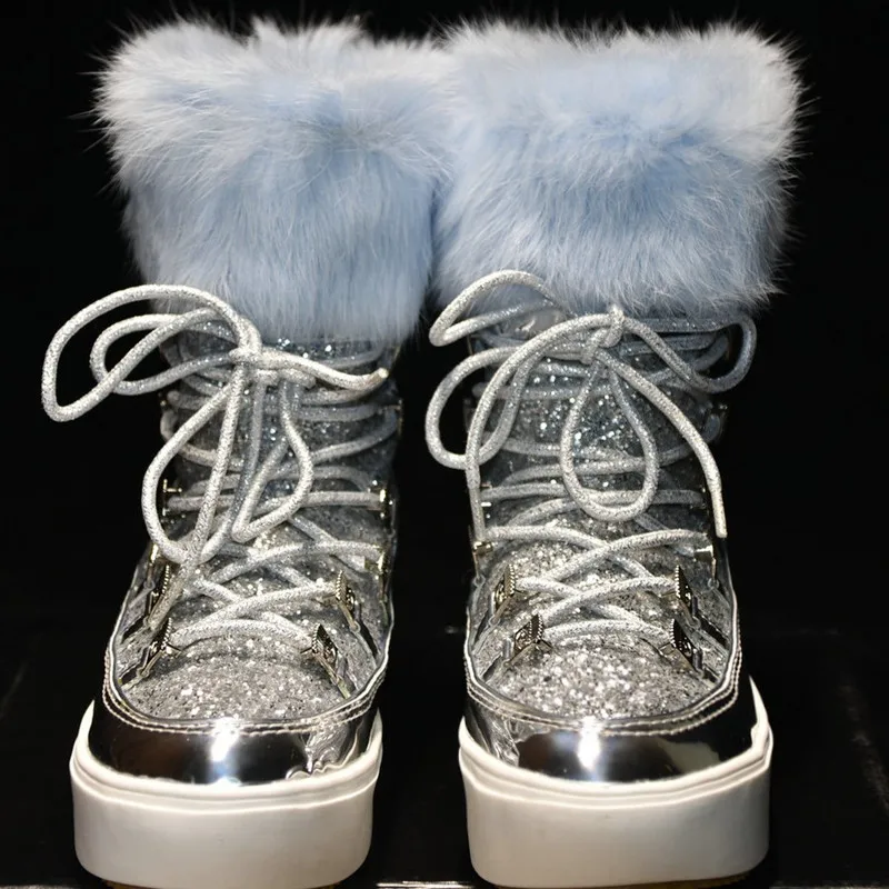 Серебристые зимние сапоги из натуральной кожи и шерсти; женские короткие зимние сапоги на шнуровке; Теплая обувь на платформе с мехом внутри; женская обувь; botas mujer