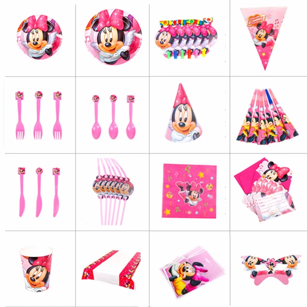 

New Cute Pink Minnie Mouse Cartoon Paper Cup Plate Napkin Flag Boy Birthday Party Festival Wedding Banners Decoration Supply