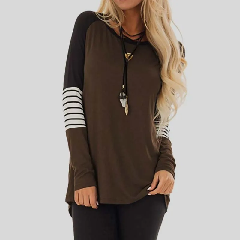 Осенняя женская футболка с длинным рукавом, женская футболка размера плюс в полоску, женская футболка с круглым вырезом, женская футболка - Цвет: coffee