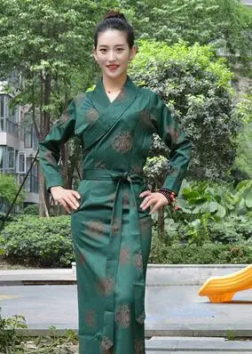 Высокое качество женский круглый цветок нагрудные Тибет одежды Lhasa Этническая Стиль платье халат Тибетский костюм спиннинг шелк хлопковая одежда - Цвет: Зеленый