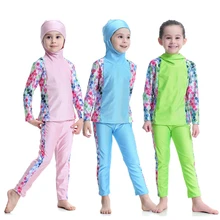 Купальники для девочек Среднего Востока, консервативный полный купальный костюм хиджаба, длинный рукав, рубашка+ штаны, 2 предмета, детский исламский мусульманский купальный костюм
