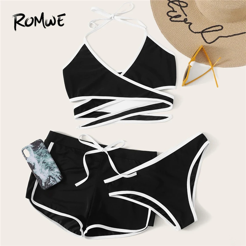 Romwe, спортивный комплект бикини с контрастной окантовкой, с бретельками, с шортами, 3 пары в упаковке, для женщин, летний, пляжный, для отдыха, сексуальный купальник, 3 цвета