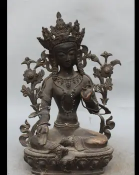 

8800610<<<15" Old Tibetan Buddhism Bronze Lotus Green Tara Goddess Buddha Statue