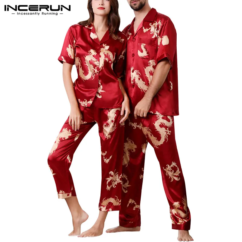 INCERUN мужской с принтом дракона короткий удобный рукав сексуальный комплект с v-образным вырезом Ночная рубашка модная рубашка на пуговицах мужская одежда 5XL - Цвет: Red