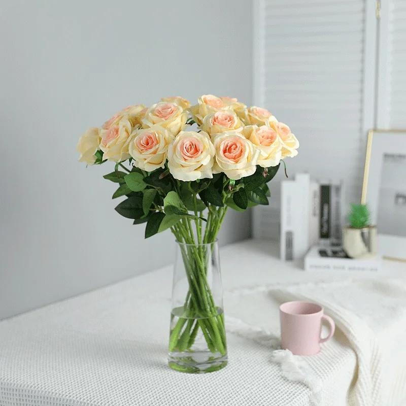 

Xuanxiaotong 10pcs/set Yellow Rose silk Flowers Artificial Bouquet with Leaves for Wedding Centerpieces Decoration Home Decor