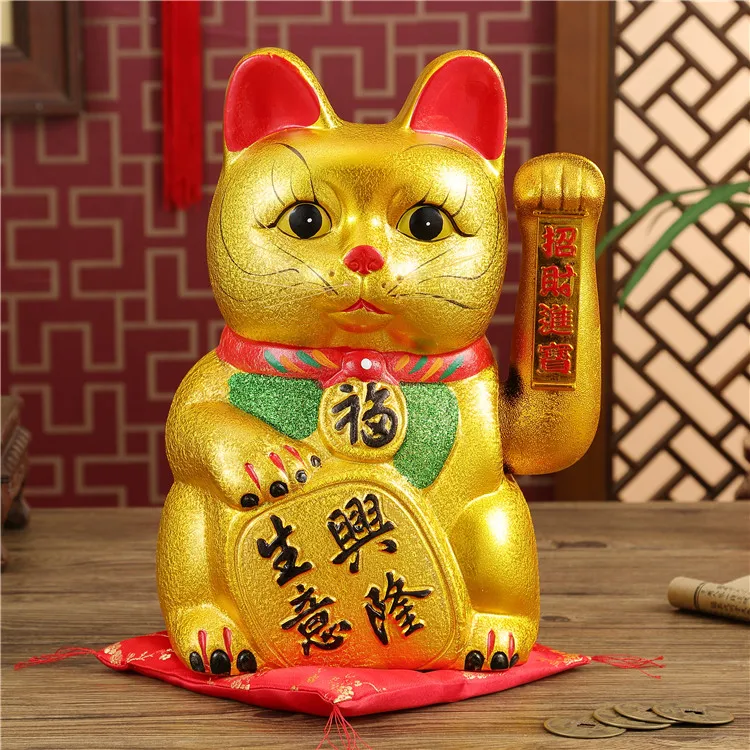 Милые 7 дюймов золотые керамические статуэтки Lucky Cat Фен Шуй богатство украшения