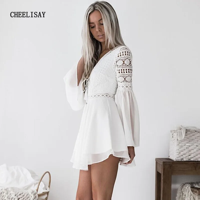 Шифон с кружевом сексуальное женское мини платье крест накрест Бандажное