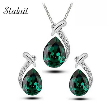 

New Austrian Crystal Fish Bone Water Drop Pendant Necklace Earrings Jewelry Sets Silver Color Jewelry
