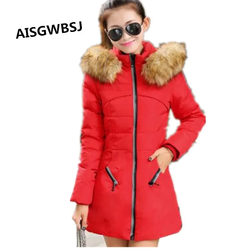 

AISHGWBSJ 2017 New Women Fur Hooded Jacket Winter Fashion Slim Cotton-padded Zipper Warm Long Coat Female Outerwear ZP268