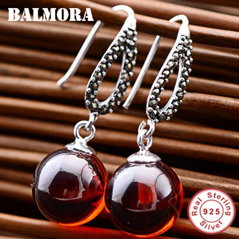 

BALMORA 925 Sterling Silver Red Garnet Dangle Earrings for Women Lady Bijoux Fashion Vintage Ear Jewelry Brincos JWE053142