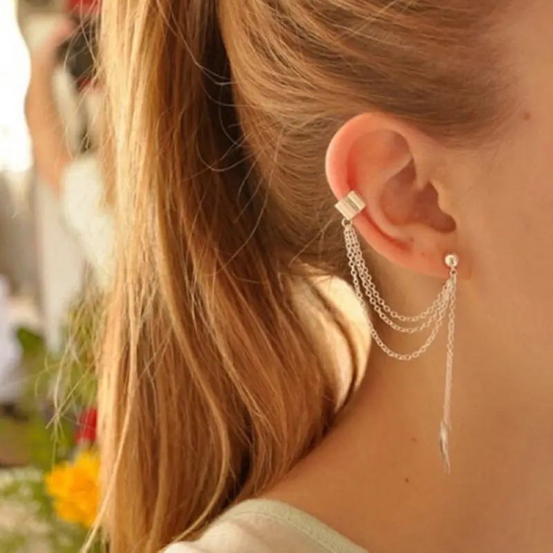 1pc Silver/Golden Chain Women Punk Rock Leaf Cuff Dangle Stud Tassel Earrings