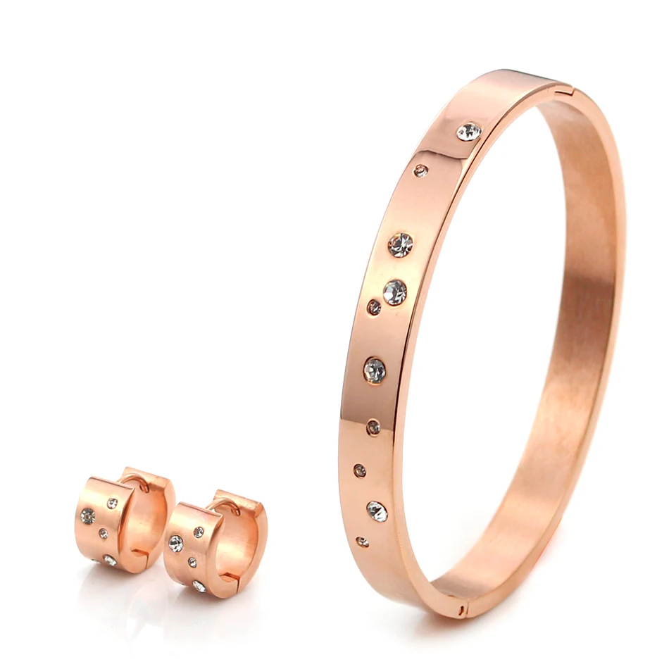 

Rose Gold Color Bracelet And Earrings Set Crystal For Stainless Steel Women Crystal Jewelry Sets