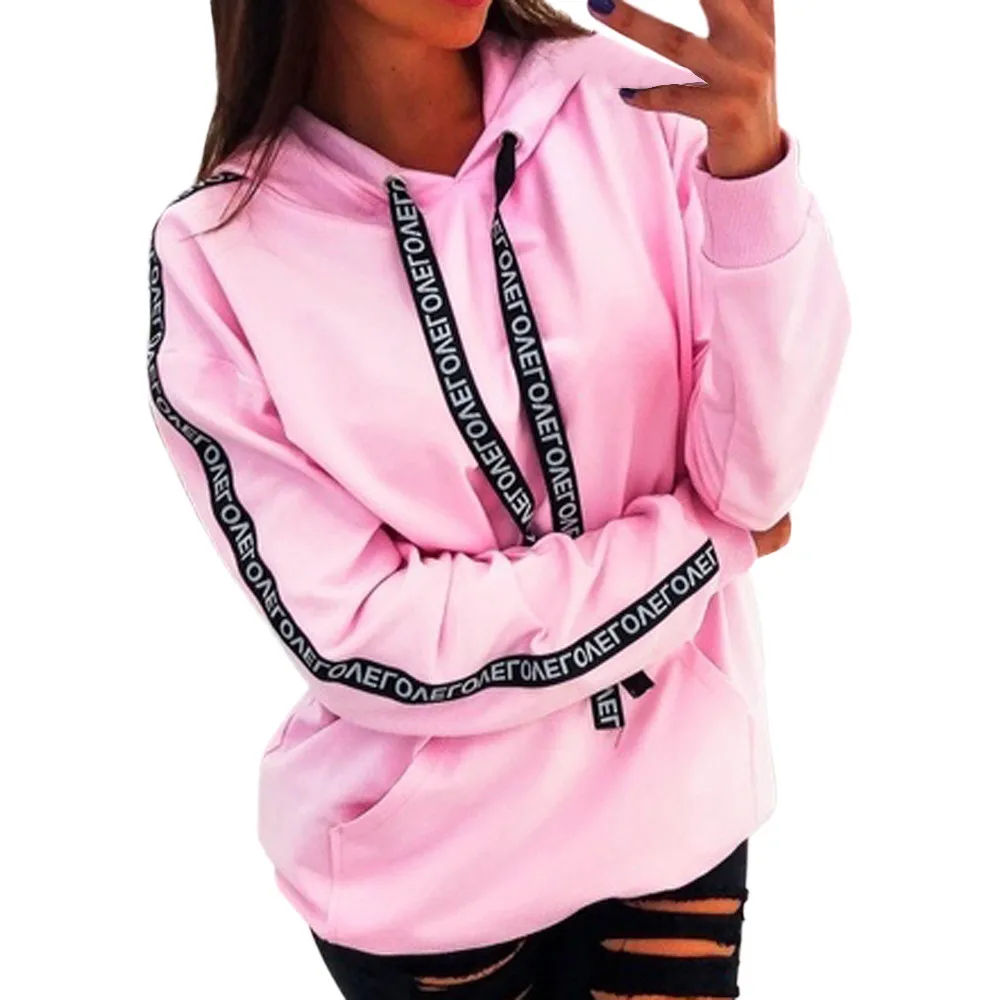 Женская толстовка большого размера, Повседневная Уличная одежда с длинным рукавом и буквенным поясом, однотонный свитшот в стиле панк, пуловер с капюшоном, топы, harajuku рубашка# ss - Color: Pink