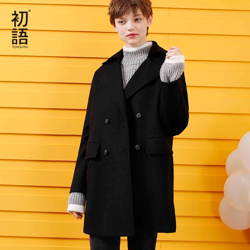 Toyouth Woollen Coat 2019 Winter Casual Solid Color Double-Breasted Jacket Female Slim Long Wool Overcoat | Женская одежда