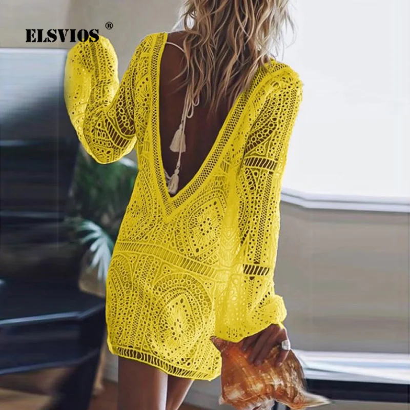 ELSVIOS 2XL осеннее женское мини платье с длинным рукавом и фонариком женские