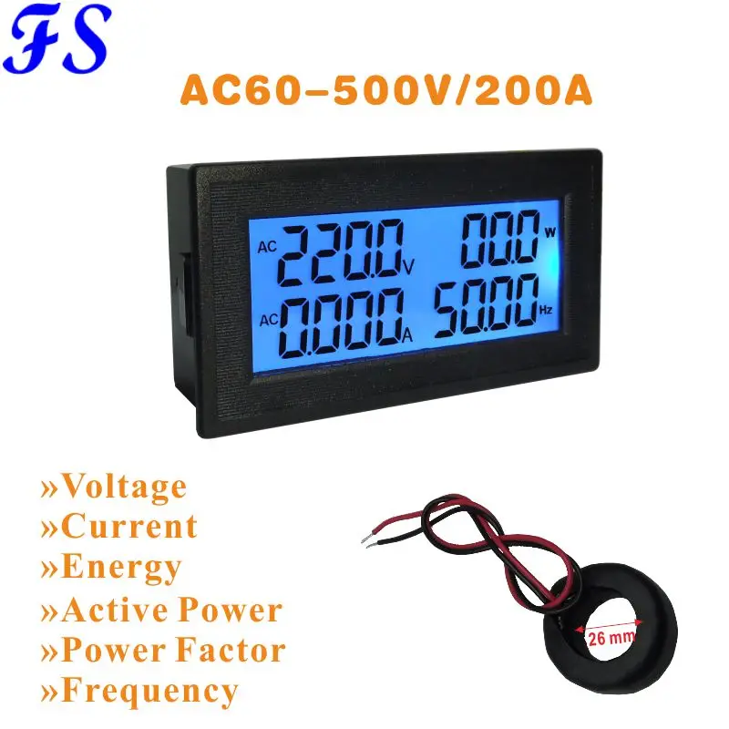 

AC 200A Volt Amp Panel Meter LCD Digital Voltmeter Ammeter AC Voltage Current Meter Frequency Energy Meter AC 60-500V 220 380V