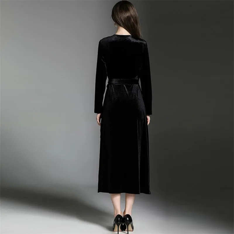 Новинка, бархатное сексуальное Элегантное макси платье, Vestidos, для женщин, весна-осень, с оборками, облегающее и расклешенное, велюровое платье, черное, плюс размер, M-8XL