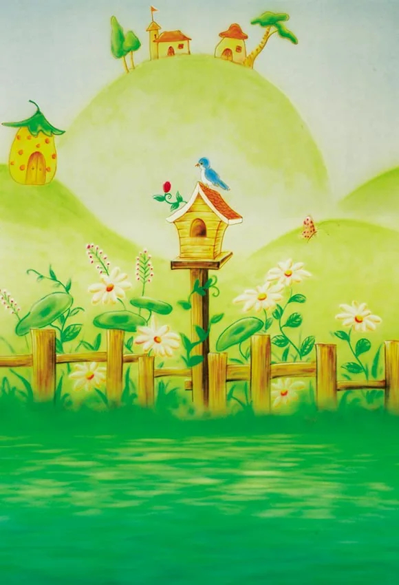 5 X7Ft Green Grass Garden Fence Hill Bird House Lavabile Senza Rughe Banner Photo Studio Sfondo Sfondo Tessuto In Poliestere