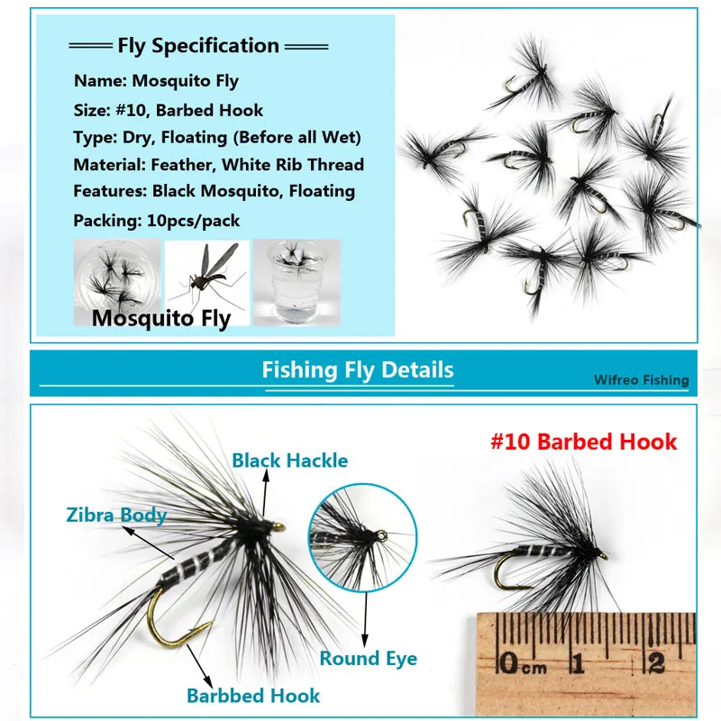 10PCS #10 Black Zebra Mosquito Fly Trout Fishing Dry Flies Fly Fishing Bait flys