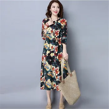 

2017Latest Selling Spring Women Europe Dresses Printing Round Collar Elegant Leisure Loose Big Yards Long DressQ0071