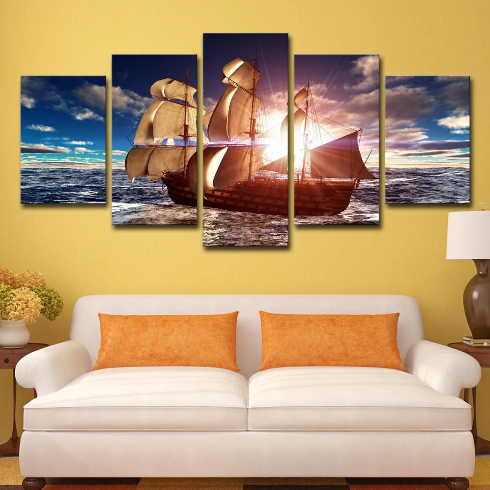 

Canvas Print Pictures Wall Art Framework 5 Pieces Sunshine Sailboat Painting Sailing Boat Seascape Poster Home Decor Living Room