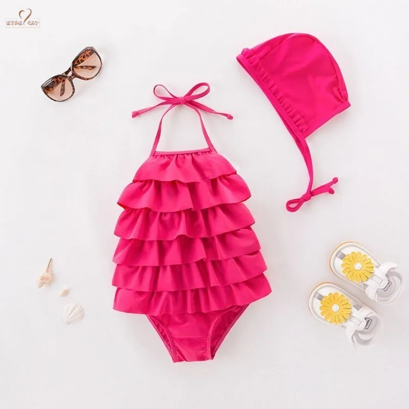 

NEW Baby Girls Swimwear Swimsuit pink Tiers ruffles Halter Swimsuit Hat 2pc Set Kids Children Toddler Bathing Ruffles Beach wear
