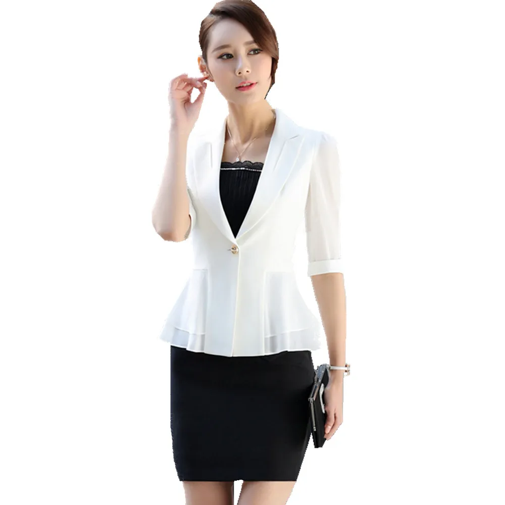 SEYAM Branco Terno de Saia Das Mulheres Verão Meia Manga Formal de Babados Blazer e Saia Formal de Trabalho 2 Peças Ternos Definir ow0334