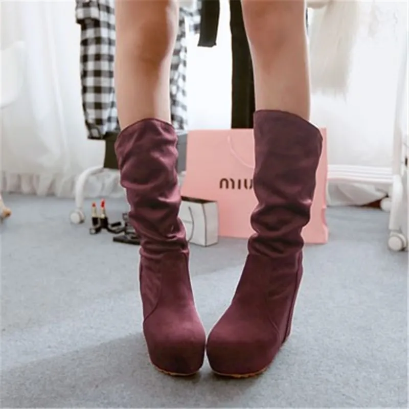 ENMAYER/Новые осенне-зимние модные женские ботинки до середины икры, клинья флок ботинки с круглым носком женские черные, красные, BlueShoes