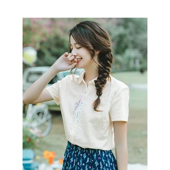 

INMAN 2019 Summer New Arrival Turn Down Collar Literary Embroidery Retro Pastoral All Matched Slim Short Sleeves Women Shirt