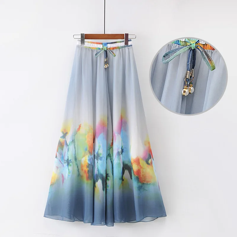 Летние модные женские юбки, универсальные шифоновые юбки с эластичной резинкой на талии, элегантная фатиновая юбка с цветочным принтом, богемная длинная юбка