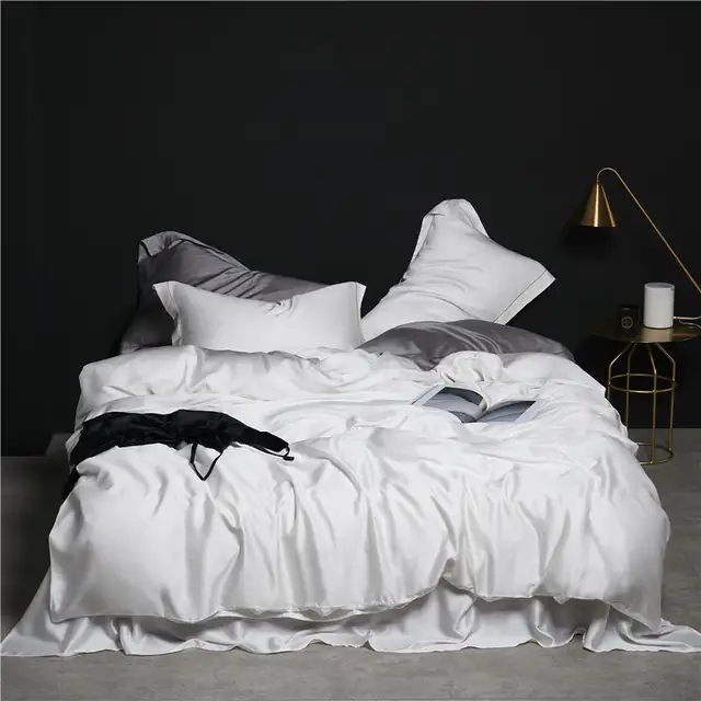 Luxury Tencel Bedding Set White Color Duvet Cover Flat Sheet Fit