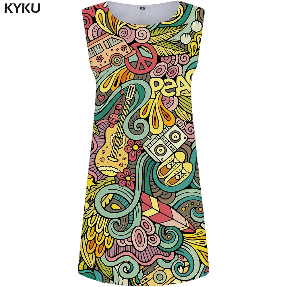 

KYKU Music Dress Women Colorful Office Dresses Mini Car 3d Print Sundress Beautiful Vintage Womens Clothing Sleeveless Tunic New