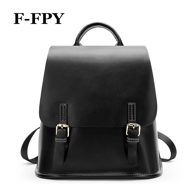 

F-FPY 100% Genuine Leather Women Black Backpack Girls Casual Travel Bag Fashion Brown Daily Holiday Knapsack Notebook Schoolbag