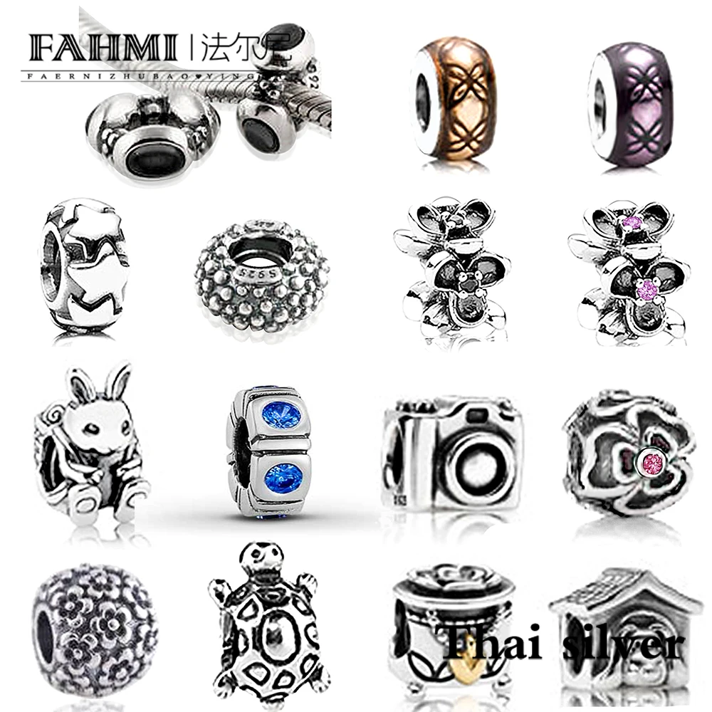 

FAHMI Thai Silver Retro Camera Daisy Flower Christmas Stocking Dog House Turtle Rabbit SPACER Beaded Charm Collection Limited