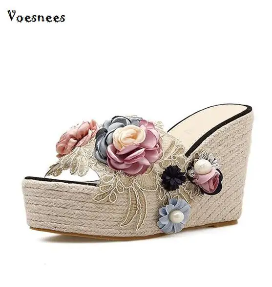 

Summer Shoes Woman Platform Slippers Flowers Flip Flops Wedges High Heels 12CM Ladies Shoes Brand Casual Transparent Beach Shose