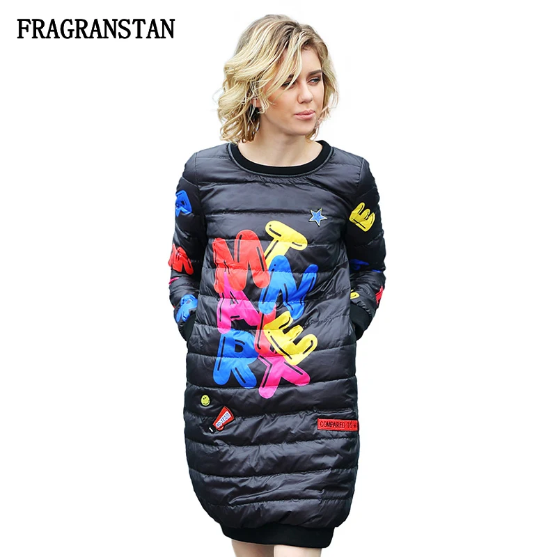 

2019 Lady Winter Keep Warm Down Jacket Fashion O-Neck Letter Printed Vestidos Female Casual High-quality Pullovers Parkas JQ446