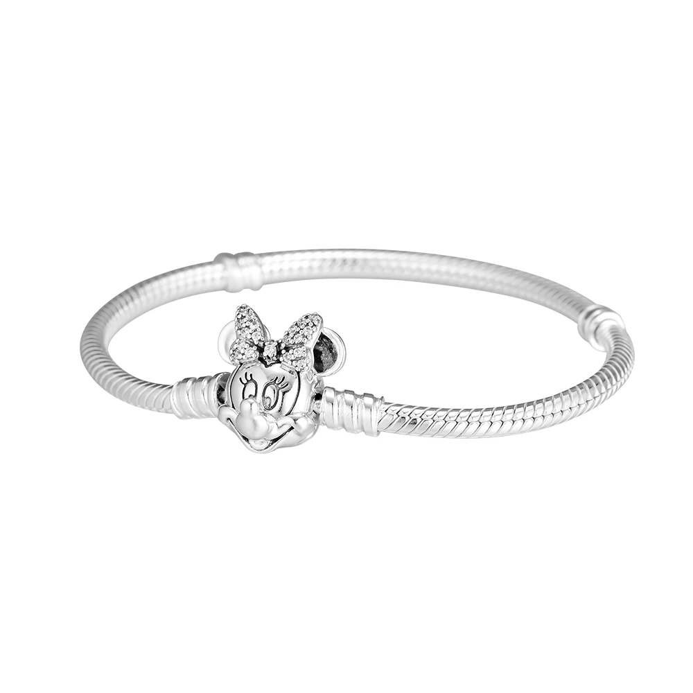 

Clear CZ Cartoon Minnie Head Shape Clasp Silver Bracelet Women Fashion 925 Sterling Silver Jewelry New DIY Snake Chain Bracelets