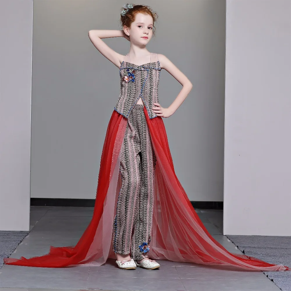 

Marfoli girls long train prom 2018 winter girls catwalk Suit Tops and trousers skirt host Handsome Turtleneck costumes