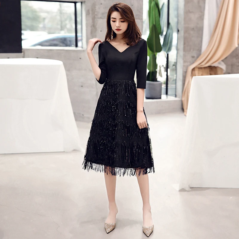 

2019 Women Sexy Tasse Evening Dresses V-Neck A-Line Short Sleeve Casual Midi Party Dress Robe de Soiree LF248