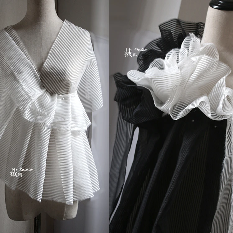 

Black white striped perspective grain texture organza designer fabric for patchwork bazin riche getzner tissus telas por metros