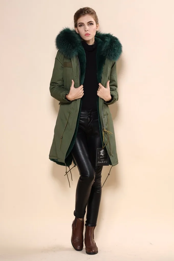Лидер продаж, Высококачественная женская куртка из чистого хлопка темно-зеленого цвета, пальто с капюшоном из натурального меха енота для дам