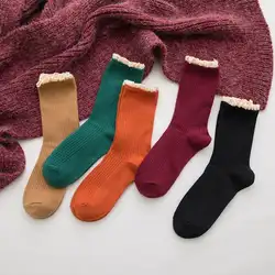 Осень зима новые милые цветные кружевные однотонные носки женские Харадзюку Женские повседневные удобные популярные хлопковые носки