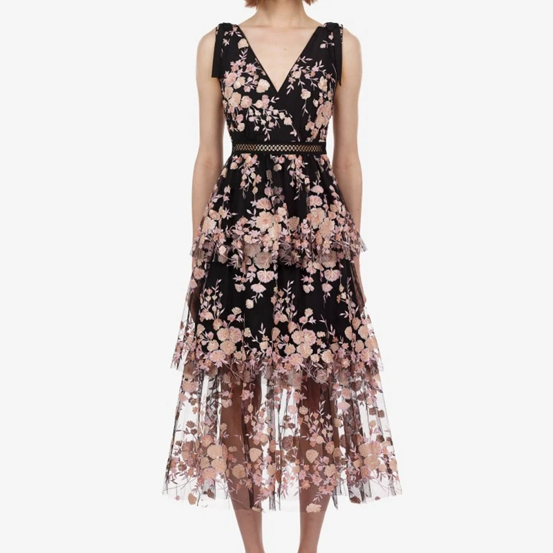 

Self Portrait 2019 Women Midi Dress High Quality V Neck Embroidered Dresses