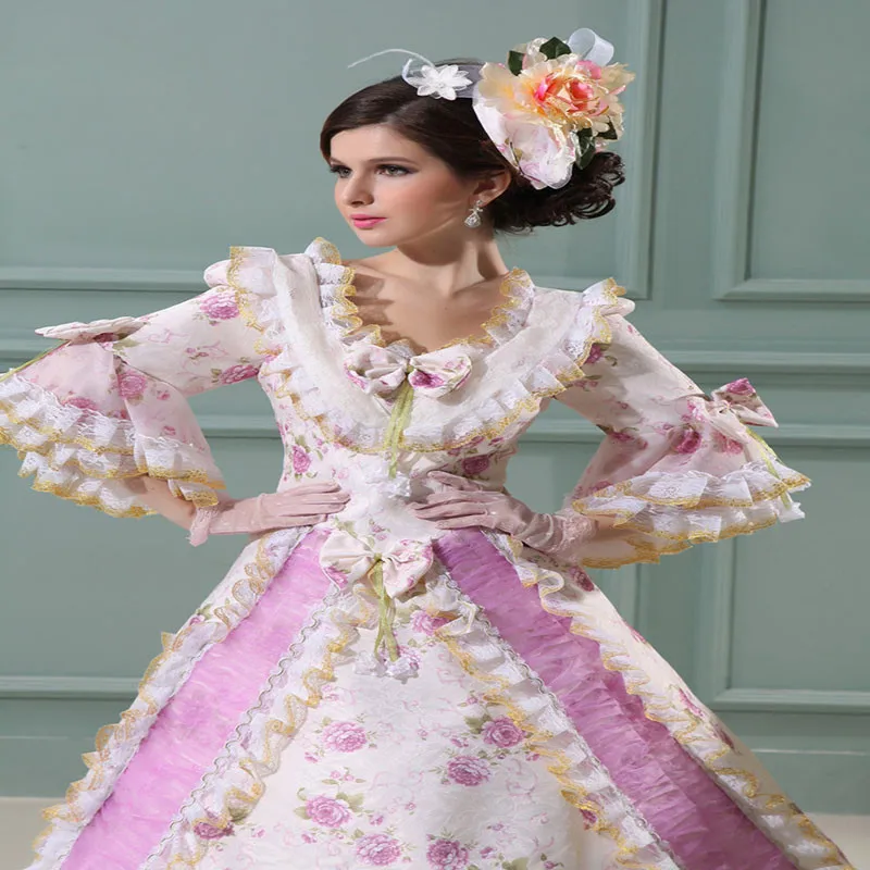 Может быть на заказ Ретро длинный рукав розовый барокко Marie Antoinette Цветочные Вечерние платья для женщин
