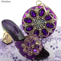Очаровательная итальянская женская Высокий каблук обувь в цвет сумки Фиолетовый последние Африканские свадебные туфли с круглой мешок